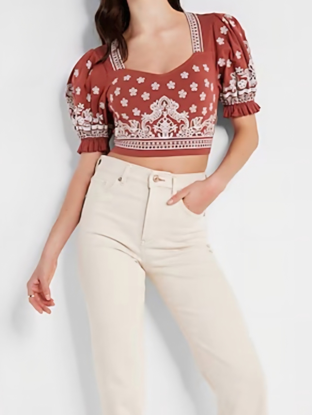 Express Rust Cropped Puff-Sleeve Top with White Embroidery